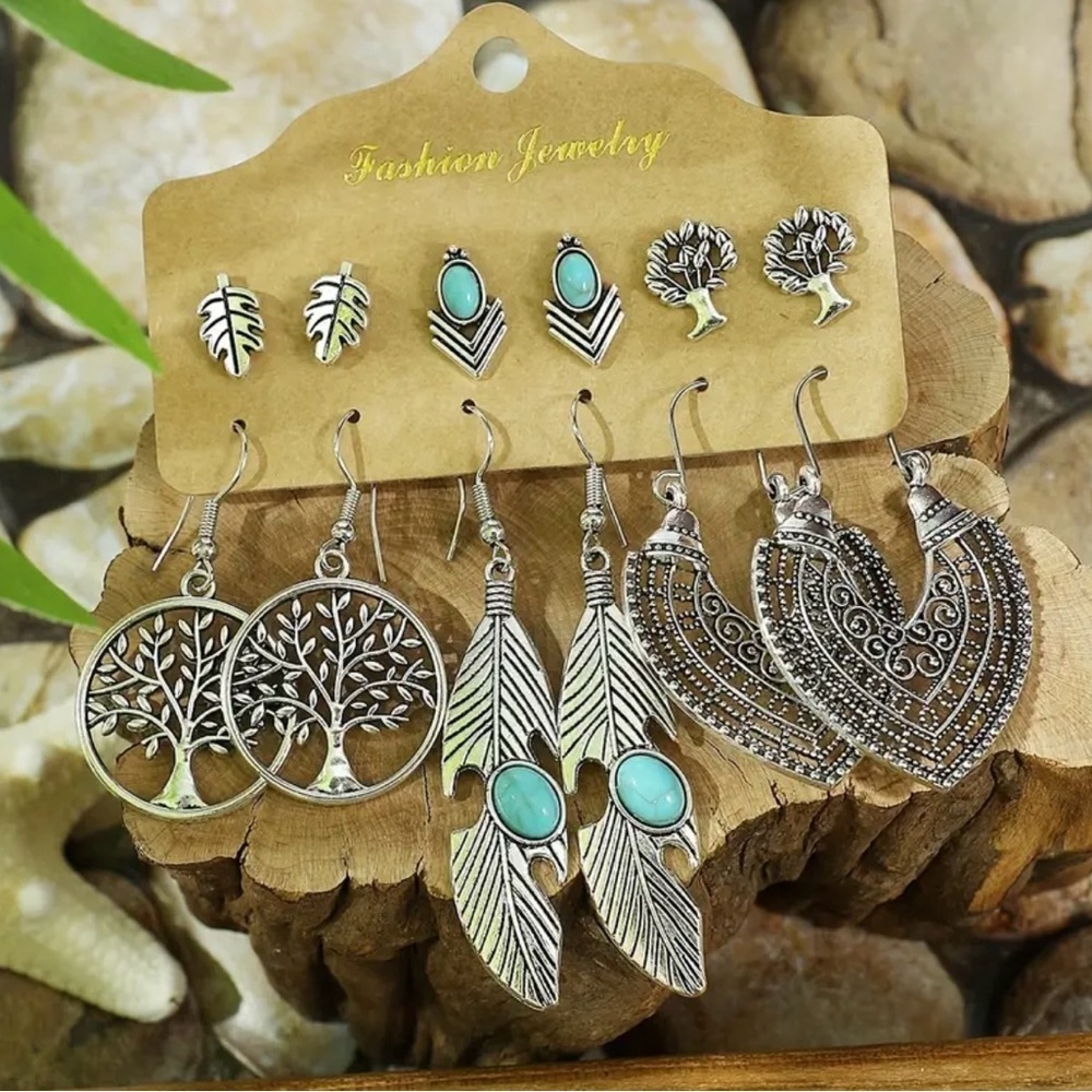 6pcs Boho Silver Stackable Rings, Vintage Style Turquoise Dangle Earrings